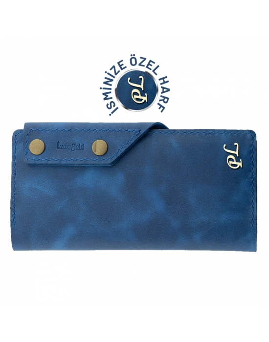 İsme Özel Dikey Çıtçıtlı Uzun Cüzdan - %100 Rainbow Deri - A010006 - Saks Mavisi