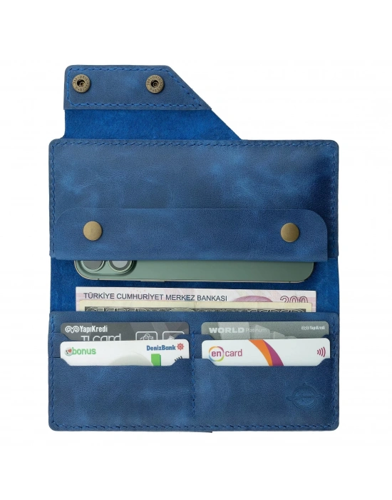 İsme Özel Dikey Çıtçıtlı Uzun Cüzdan - %100 Rainbow Deri - A010006 - Saks Mavisi