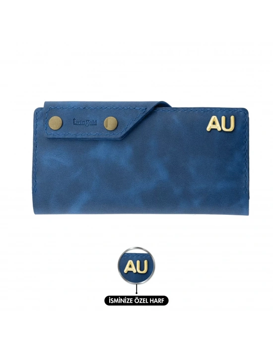 İsme Özel Dikey Çıtçıtlı Uzun Cüzdan - %100 Rainbow Deri - A010006 - Saks Mavisi