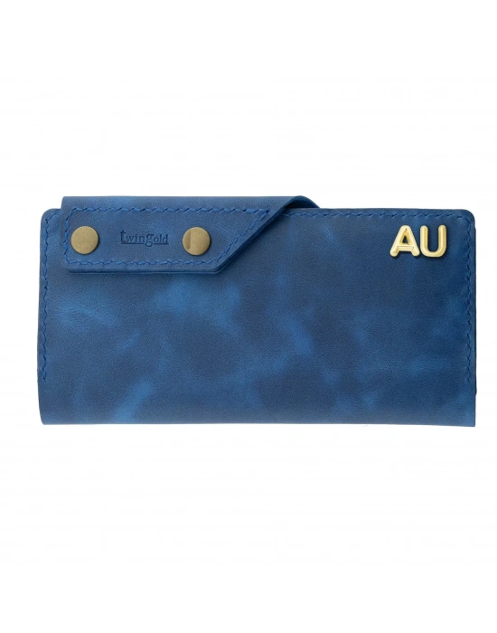 İsme Özel Dikey Çıtçıtlı Uzun Cüzdan - %100 Rainbow Deri - A010006 - Saks Mavisi