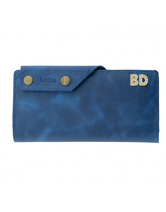 İsme Özel Dikey Çıtçıtlı Uzun Cüzdan - %100 Rainbow Deri - A010006 - Saks Mavisi