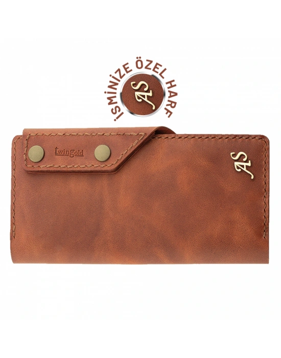 İsme Özel Dikey Çıtçıtlı Uzun Cüzdan - %100 Rainbow Deri - A010006 - Tobacco