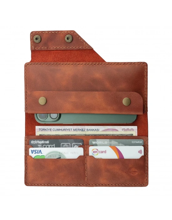 İsme Özel Dikey Çıtçıtlı Uzun Cüzdan - %100 Rainbow Deri - A010006 - Tobacco