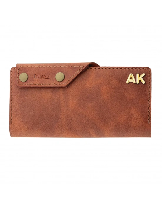 İsme Özel Dikey Çıtçıtlı Uzun Cüzdan - %100 Rainbow Deri - A010006 - Tobacco