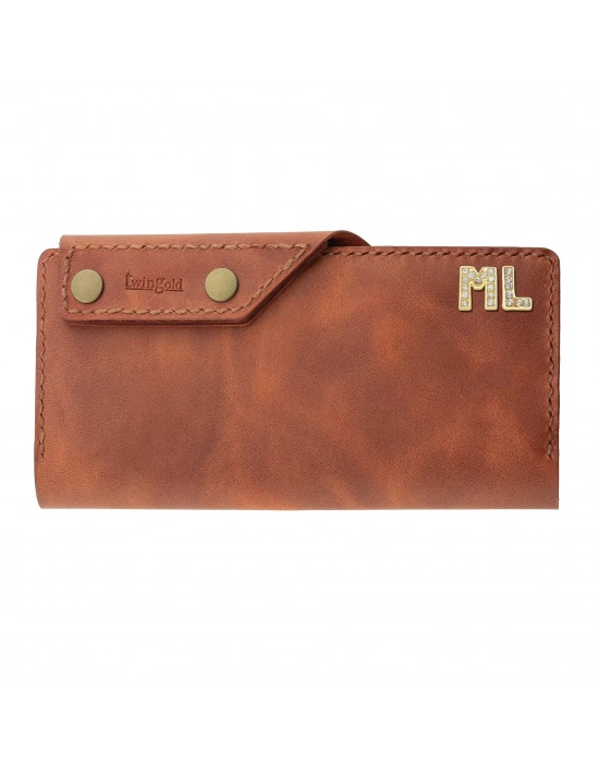 İsme Özel Dikey Çıtçıtlı Uzun Cüzdan - %100 Rainbow Deri - A010006 - Tobacco