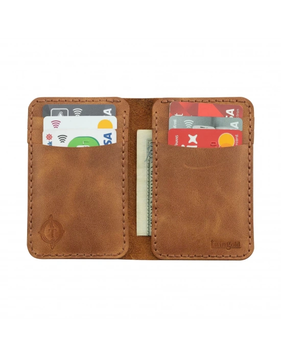 İsme Özel Dikey Mini Cüzdan - %100 Rainbow Deri - A010005 - Camel