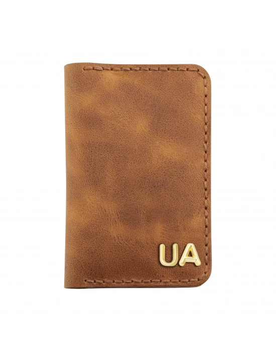 İsme Özel Dikey Mini Cüzdan - %100 Rainbow Deri - A010005 - Camel