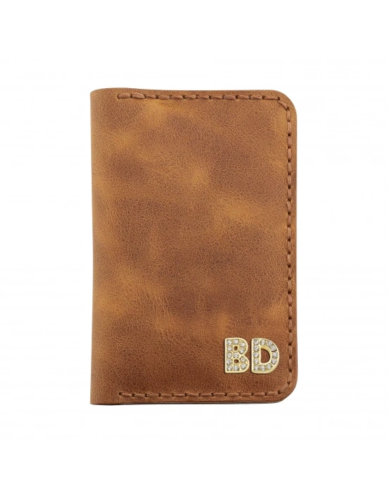 İsme Özel Dikey Mini Cüzdan - %100 Rainbow Deri - A010005 - Camel
