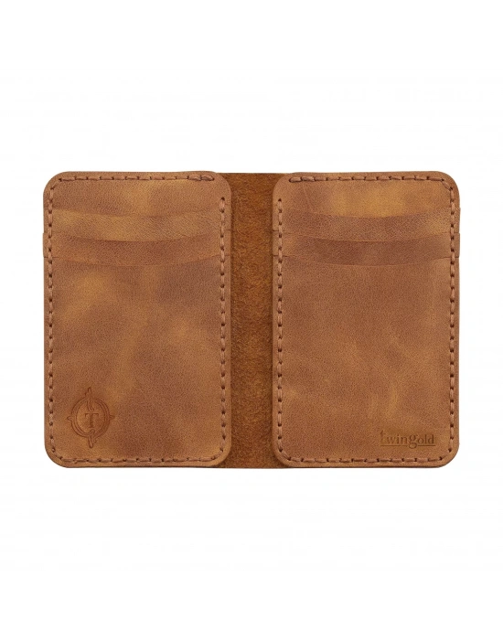 İsme Özel Dikey Mini Cüzdan - %100 Rainbow Deri - A010005 - Camel