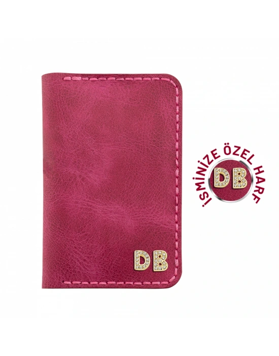 İsme Özel Dikey Mini Cüzdan - %100 Rainbow Deri - A010005 - Fuşya