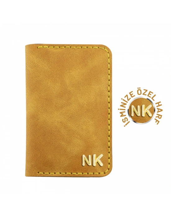 İsme Özel Dikey Mini Cüzdan - %100 Rainbow Deri - A010005 - Hardal Sarısı