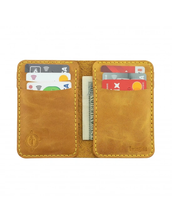 İsme Özel Dikey Mini Cüzdan - %100 Rainbow Deri - A010005 - Hardal Sarısı