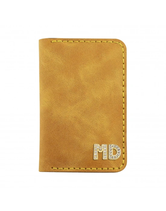 İsme Özel Dikey Mini Cüzdan - %100 Rainbow Deri - A010005 - Hardal Sarısı