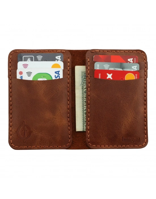 İsme Özel Dikey Mini Cüzdan - %100 Rainbow Deri - A010005 - Kahverengi