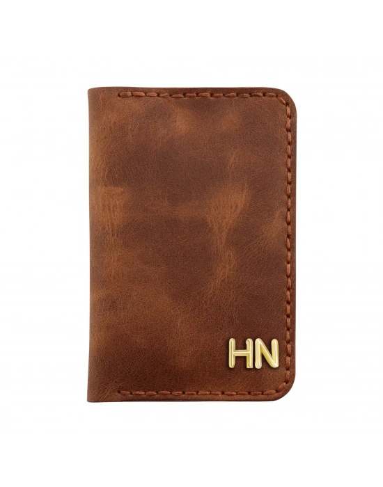 İsme Özel Dikey Mini Cüzdan - %100 Rainbow Deri - A010005 - Kahverengi