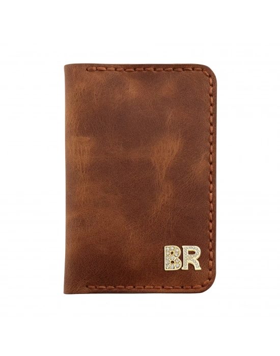 İsme Özel Dikey Mini Cüzdan - %100 Rainbow Deri - A010005 - Kahverengi