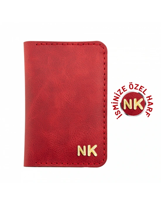 İsme Özel Dikey Mini Cüzdan - %100 Rainbow Deri - A010005 - Kırmızı