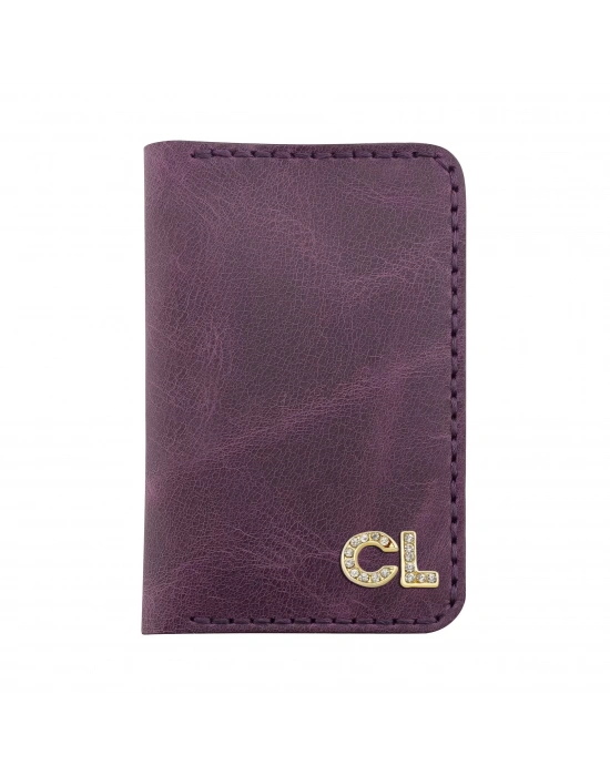 İsme Özel Dikey Mini Cüzdan - %100 Rainbow Deri - A010005 - Mor