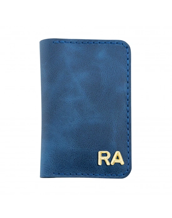 İsme Özel Dikey Mini Cüzdan - %100 Rainbow Deri - A010005 - Saks Mavisi