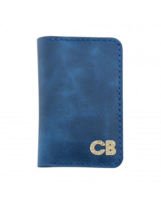 İsme Özel Dikey Mini Cüzdan - %100 Rainbow Deri - A010005 - Saks Mavisi