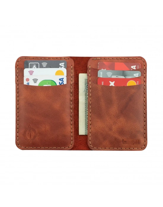 İsme Özel Dikey Mini Cüzdan - %100 Rainbow Deri - A010005 - Tobacco