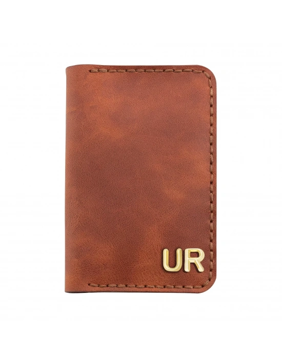 İsme Özel Dikey Mini Cüzdan - %100 Rainbow Deri - A010005 - Tobacco