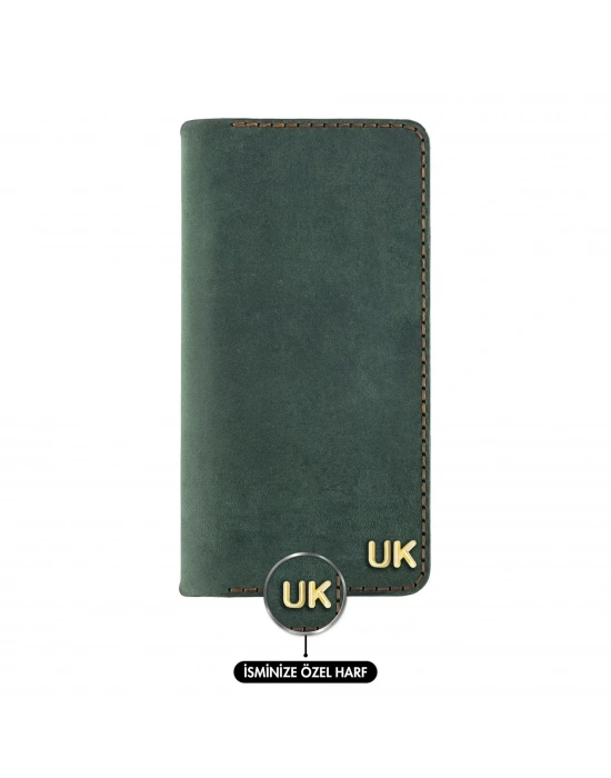 İsme Özel Dikey Uzun Cüzdan - %100 Crazy Deri - A010003 - Haki