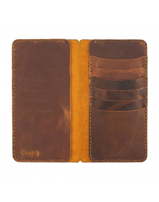 İsme Özel Dikey Uzun Cüzdan - %100 Crazy Deri - A010003 - Taba