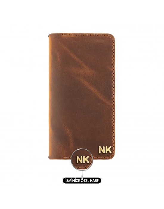İsme Özel Dikey Uzun Cüzdan - %100 Crazy Deri - A010003 - Taba