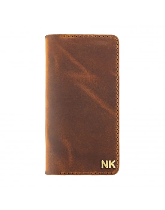 İsme Özel Dikey Uzun Cüzdan - %100 Crazy Deri - A010003 - Taba