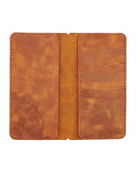 İsme Özel Dikey Uzun Cüzdan - %100 Rainbow Deri - A010007 - Camel