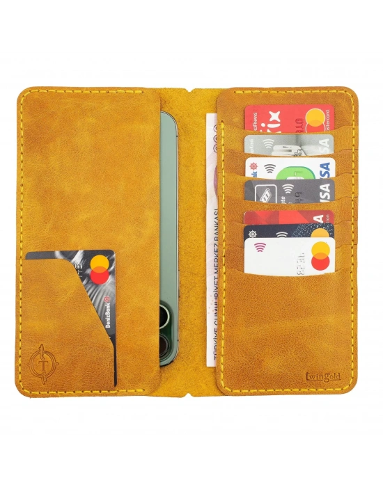 İsme Özel Dikey Uzun Cüzdan - %100 Rainbow Deri - A010007 - Hardal Sarısı