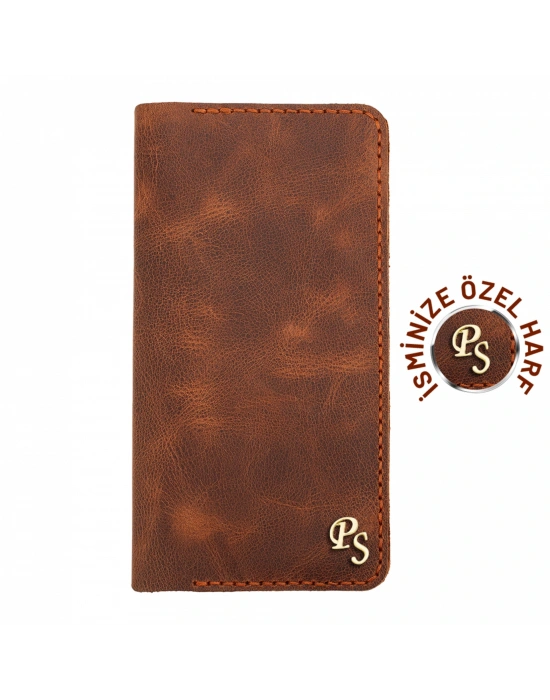 İsme Özel Dikey Uzun Cüzdan - %100 Rainbow Deri - A010007 - Kahverengi
