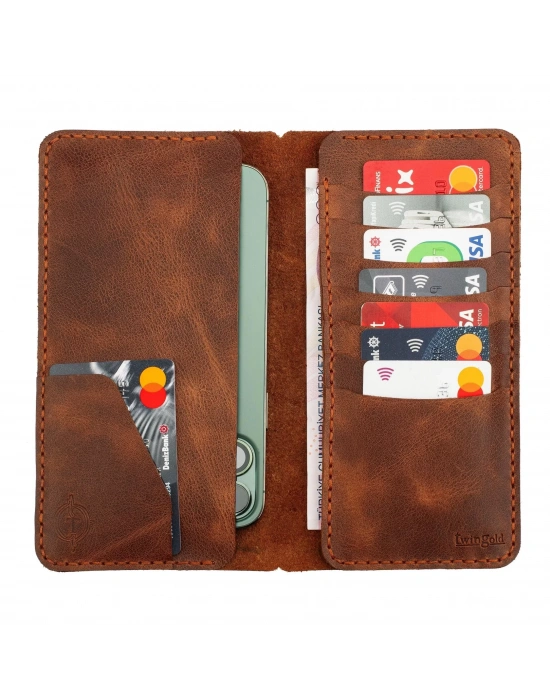 İsme Özel Dikey Uzun Cüzdan - %100 Rainbow Deri - A010007 - Kahverengi