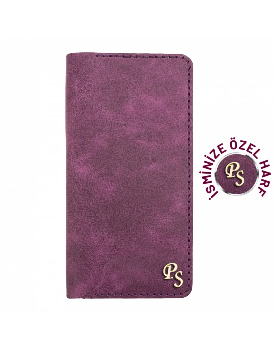 İsme Özel Dikey Uzun Cüzdan - %100 Rainbow Deri - A010007 - Mor