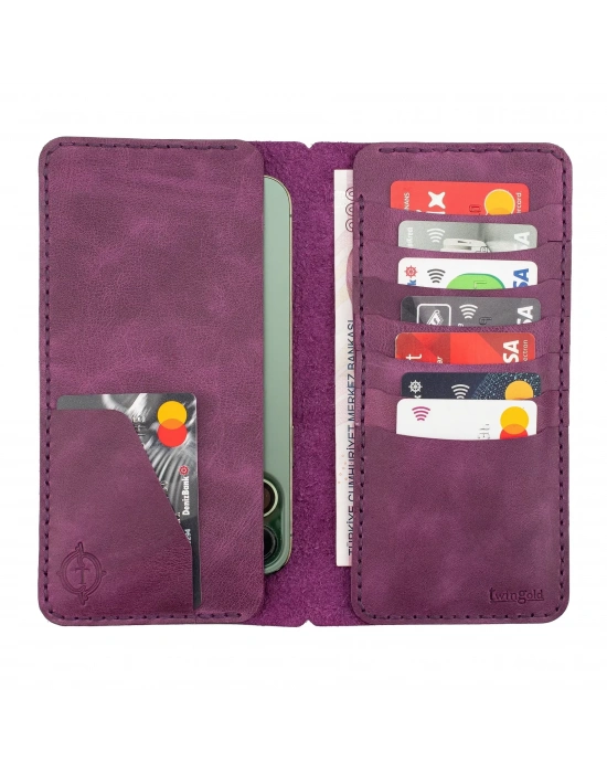 İsme Özel Dikey Uzun Cüzdan - %100 Rainbow Deri - A010007 - Mor