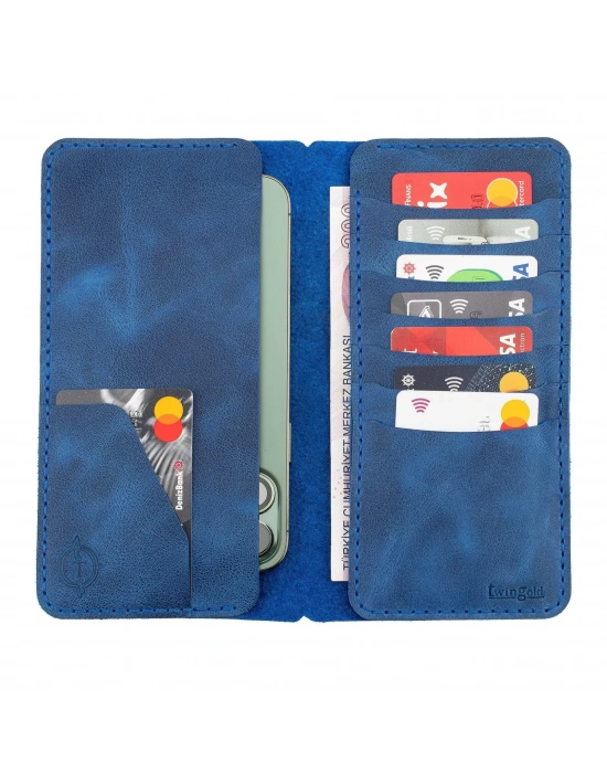 İsme Özel Dikey Uzun Cüzdan - %100 Rainbow Deri - A010007 - Saks Mavisi