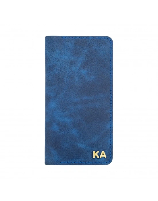 İsme Özel Dikey Uzun Cüzdan - %100 Rainbow Deri - A010007 - Saks Mavisi