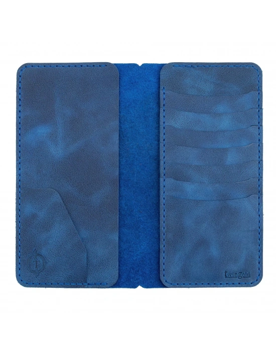 İsme Özel Dikey Uzun Cüzdan - %100 Rainbow Deri - A010007 - Saks Mavisi