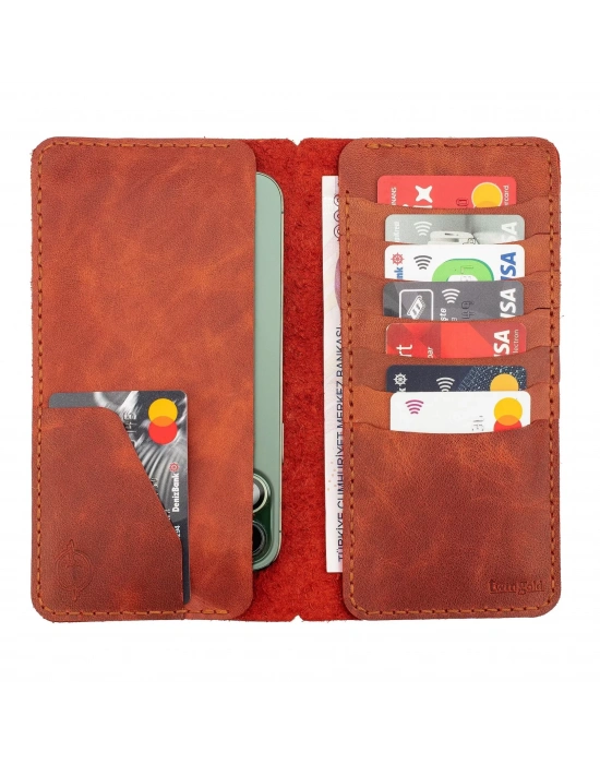 İsme Özel Dikey Uzun Cüzdan - %100 Rainbow Deri - A010007 - Tobacco