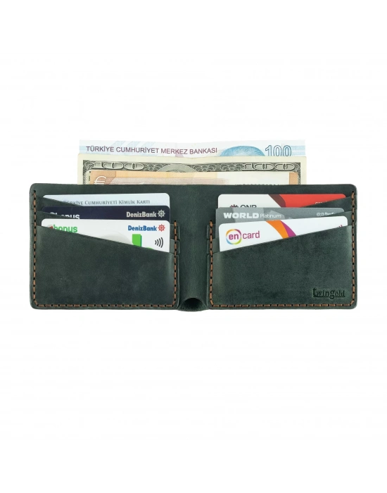 İsme Özel Dikey Uzun Klasik Cüzdan - %100 Crazy Deri - A010004 - Haki