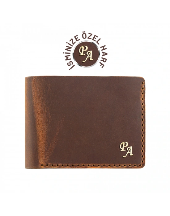 İsme Özel Dikey Uzun Klasik Cüzdan - %100 Crazy Deri - A010004 - Taba