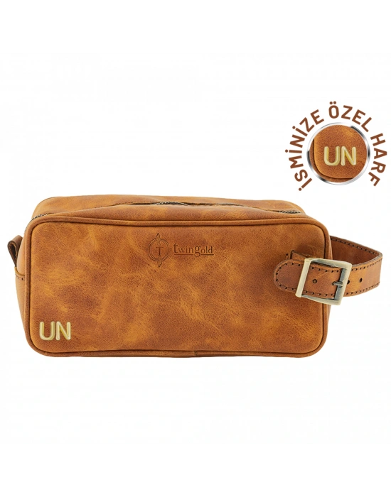 İsme Özel Dopp Kit Kişisel Bakım ve Seyahat Çantası - %100 Rainbow Deri - AC14004 - Camel