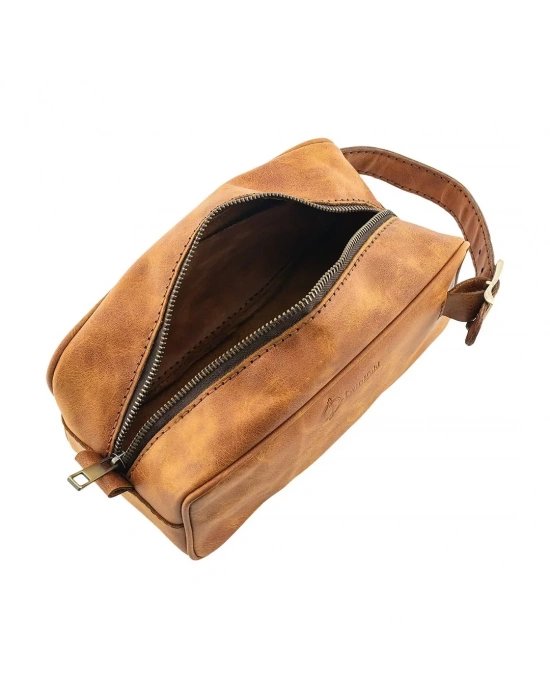 İsme Özel Dopp Kit Kişisel Bakım ve Seyahat Çantası - %100 Rainbow Deri - AC14004 - Camel