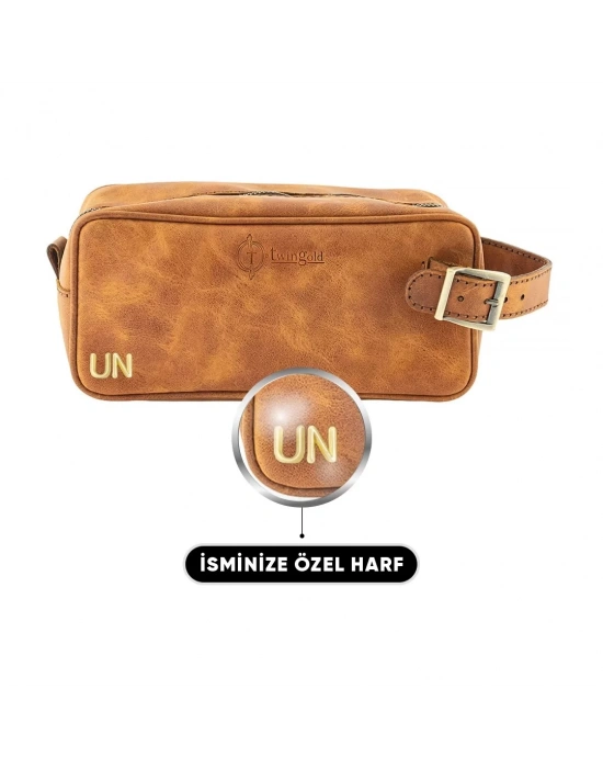 İsme Özel Dopp Kit Kişisel Bakım ve Seyahat Çantası - %100 Rainbow Deri - AC14004 - Camel