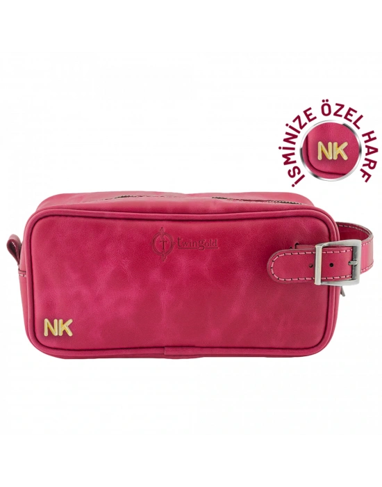 İsme Özel Dopp Kit Kişisel Bakım ve Seyahat Çantası - %100 Rainbow Deri - AC14004 - Fuşya