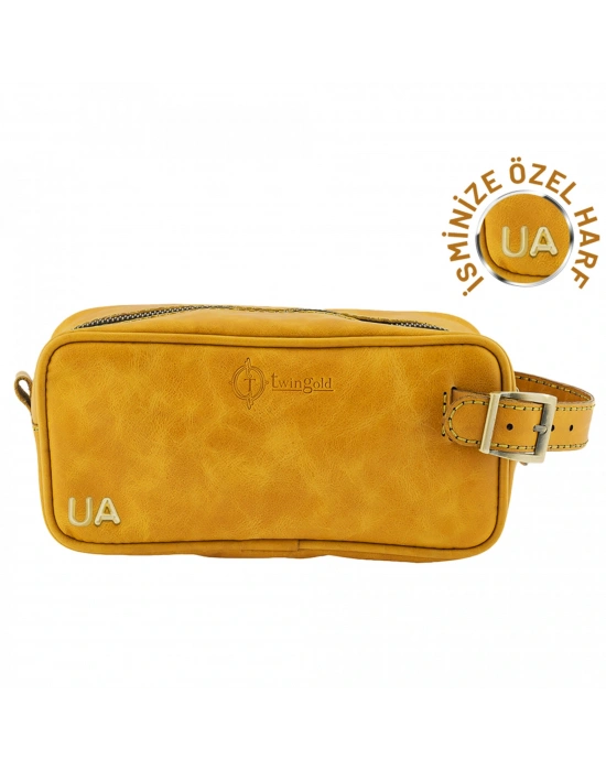 İsme Özel Dopp Kit Kişisel Bakım ve Seyahat Çantası - %100 Rainbow Deri - AC14004 - Hardal Sarısı