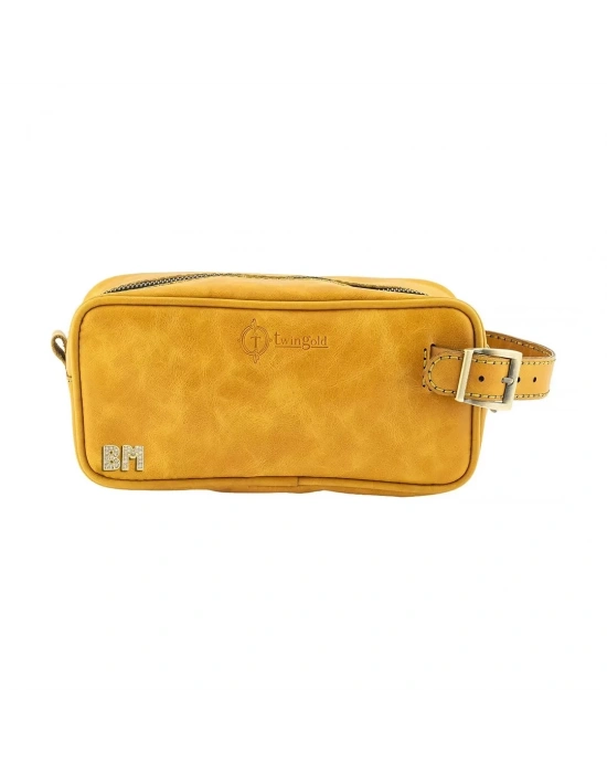 İsme Özel Dopp Kit Kişisel Bakım ve Seyahat Çantası - %100 Rainbow Deri - AC14004 - Hardal Sarısı