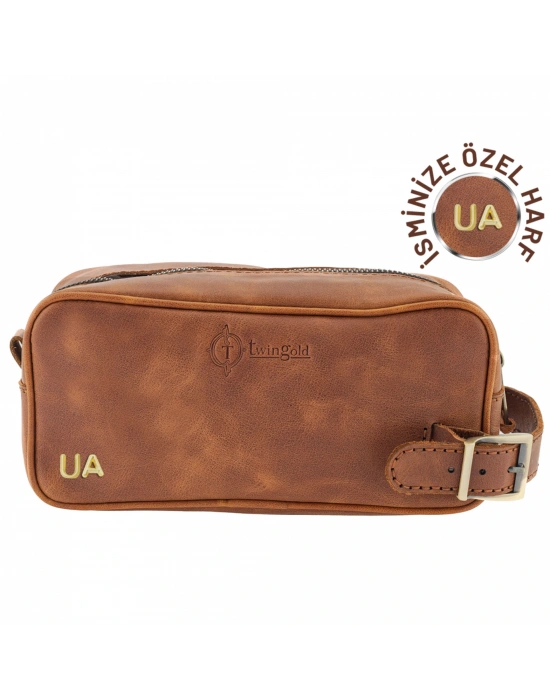 İsme Özel Dopp Kit Kişisel Bakım ve Seyahat Çantası - %100 Rainbow Deri - AC14004 - Kahverengi