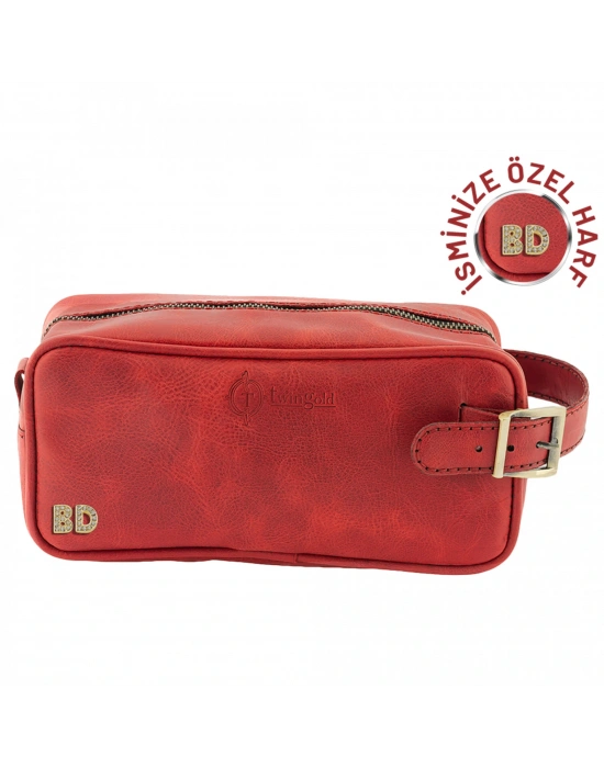 İsme Özel Dopp Kit Kişisel Bakım ve Seyahat Çantası - %100 Rainbow Deri - AC14004 - Kırmızı